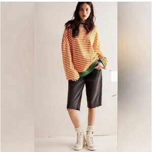 FREE PEOPLE ORANGE GREEN WHITE‎ CLASSIC STRIPED OVERSIZED CREWNECK SWEATSHIRT M